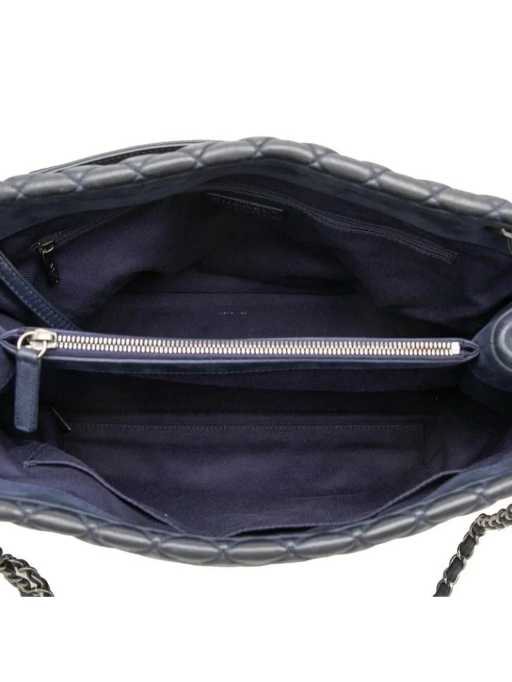 Chanel Quilted Chain Tote Shoulder Bag Navy Silver Leather